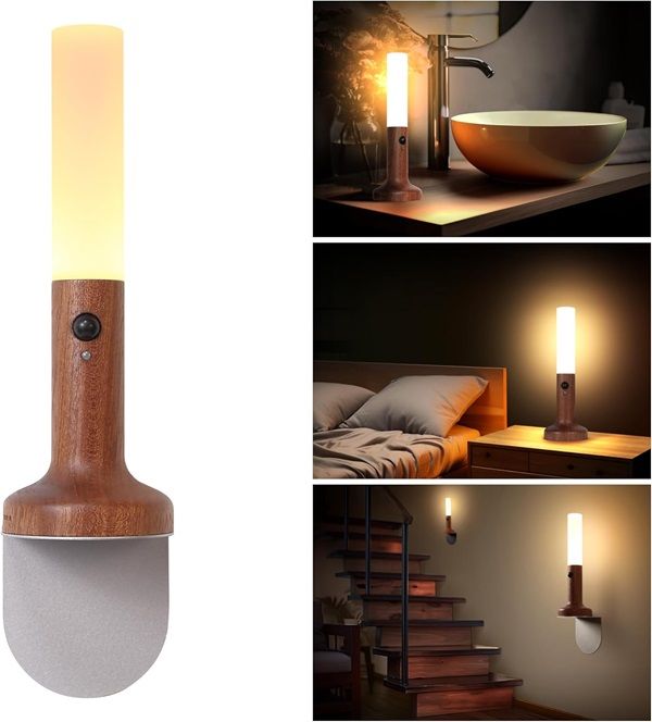 Rechargeable Motion Sensor LED Night Light with Wood Finish Base – USB Magnetic Bedside Wall Lamp
