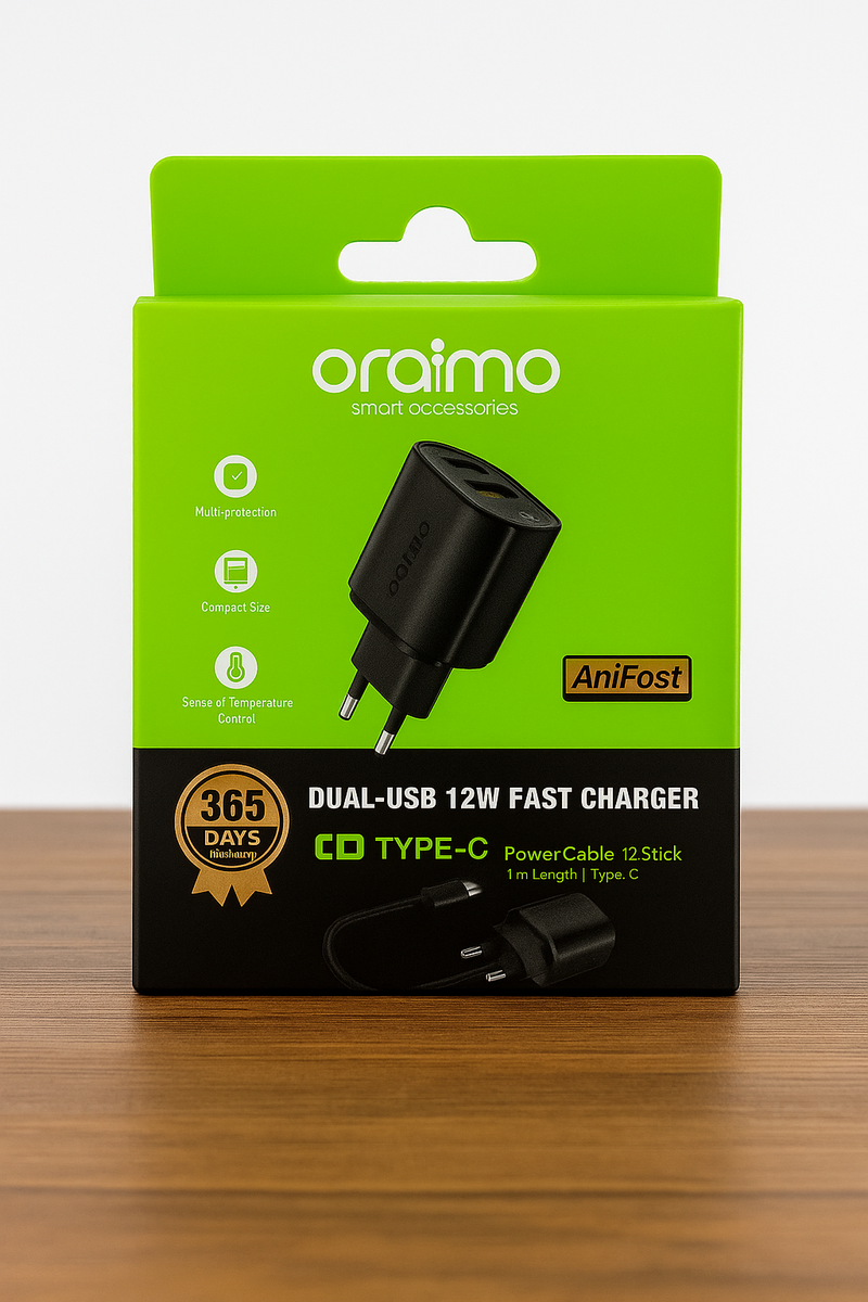 Oraimo OCW-1121EC 12W Dual USB Fast Charger with USB-A to USB-C Cable (1M) | EU Wall Charger