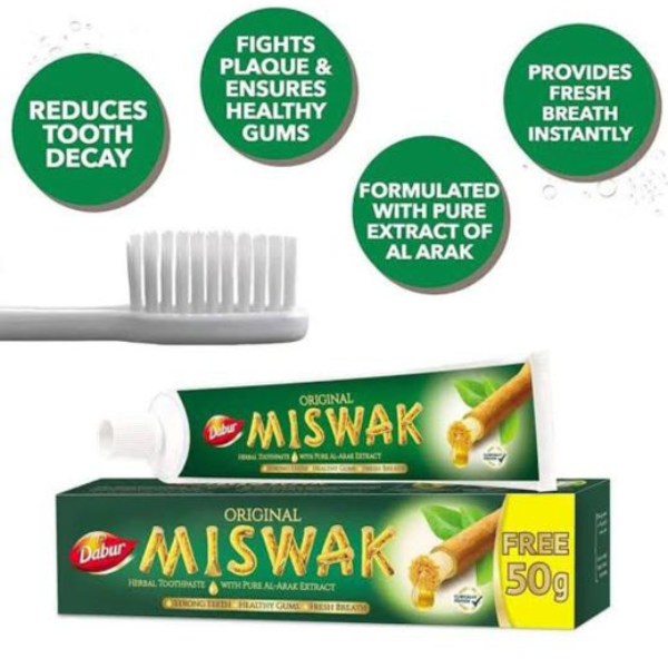 Al Khair Miswak Natural Toothbrush 8 Inch & Dabur Miswak Toothpaste 170g - Pack of 2 | Herbal Oral Care Combo