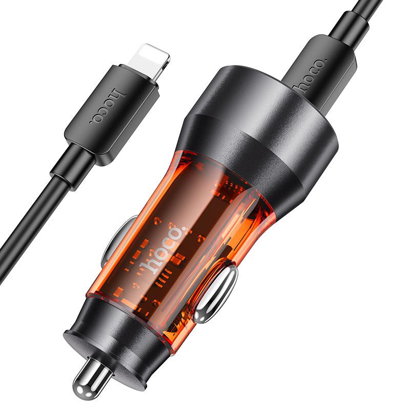 HOCO NZ12A 43W PD Fast Car Charger with USB-C to Lightning Cable (1M) | Dual Port USB-C + USB-A Car Charger