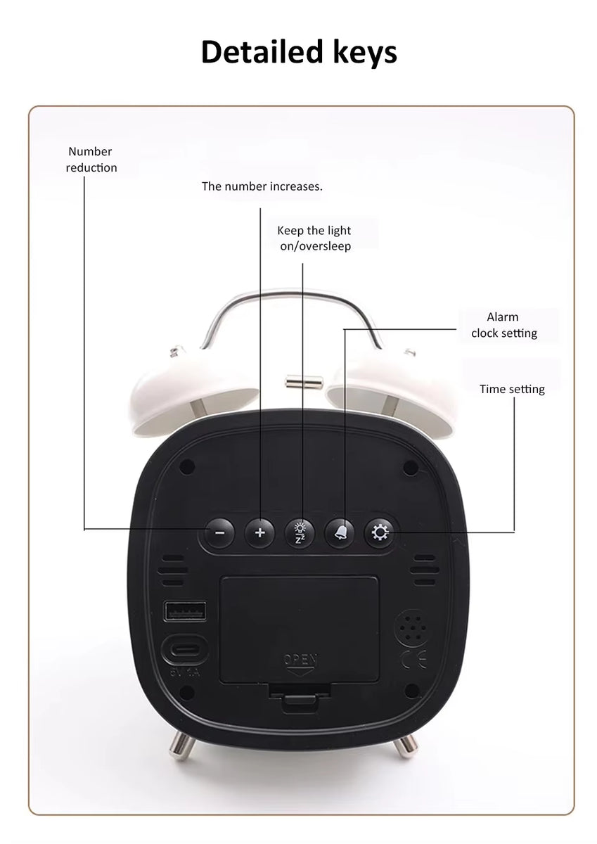 Digital Double Bell Alarm Clock with LED Display & Light-Up Table Clock – Bedside Desk Clock