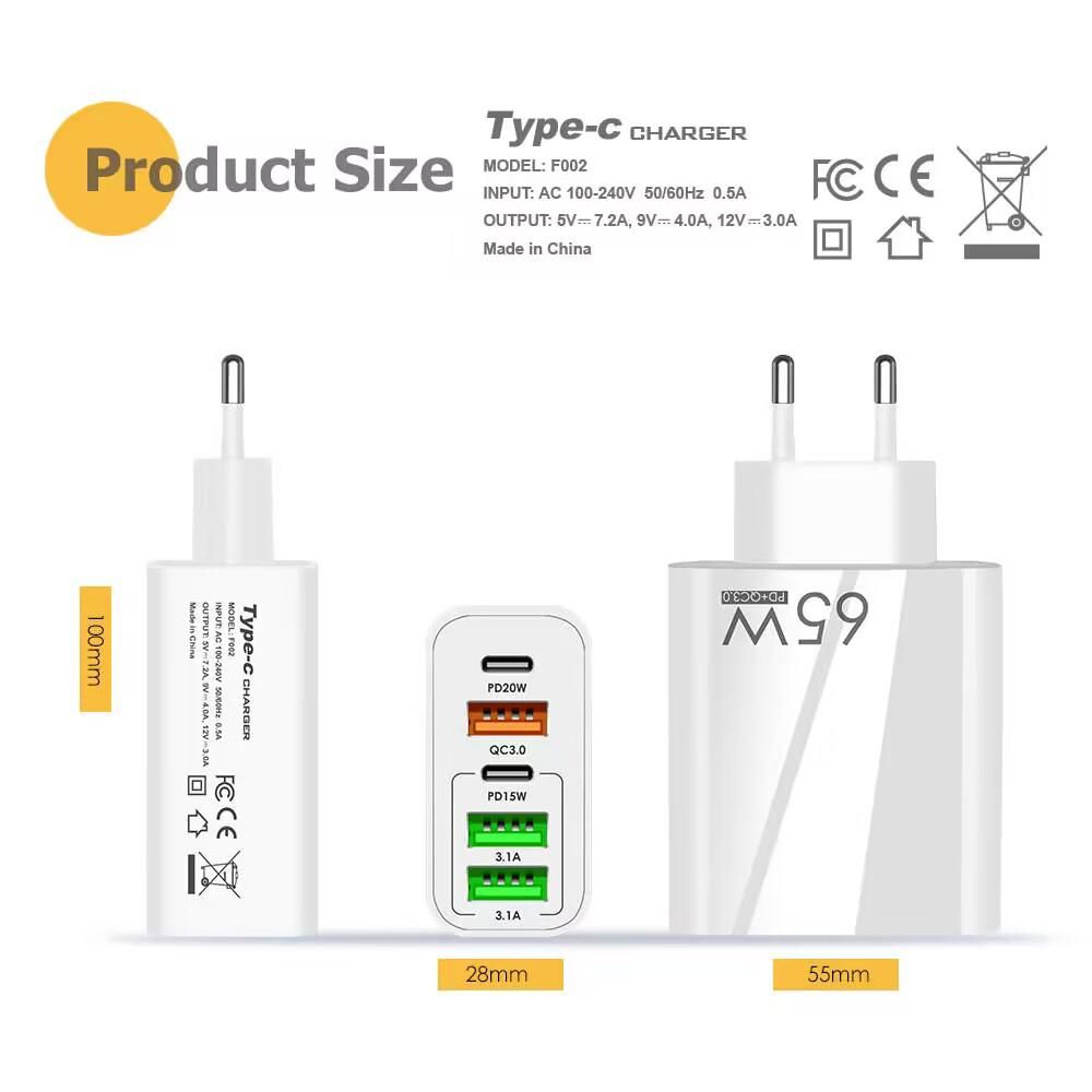 65W Fast USB-C PD Charger Adapter with 2 USB-C & 3 USB Ports | QC 3.0 Multi-Port Wall Charger - White