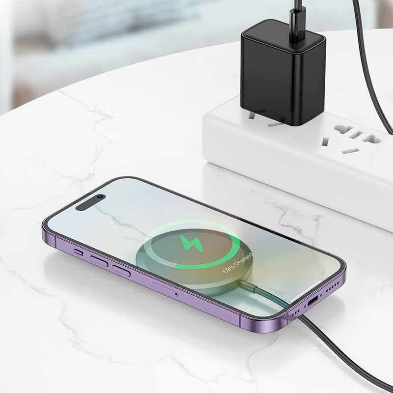 HOCO CW52 15W Magnetic Wireless Charger | USB-C Qi Fast Charging Pad for iPhone, Samsung, AirPods & Wireless Earbuds - Black