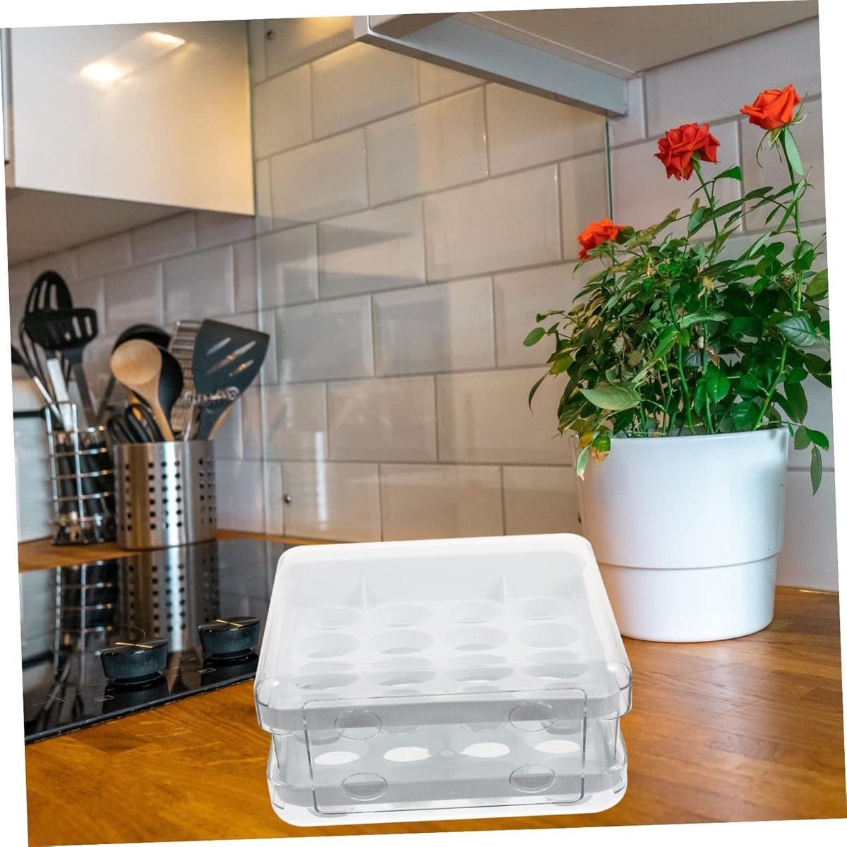 Stackable 2-Tier Egg Storage Drawer for Refrigerator | Clear Fridge Organizer Box with Lid