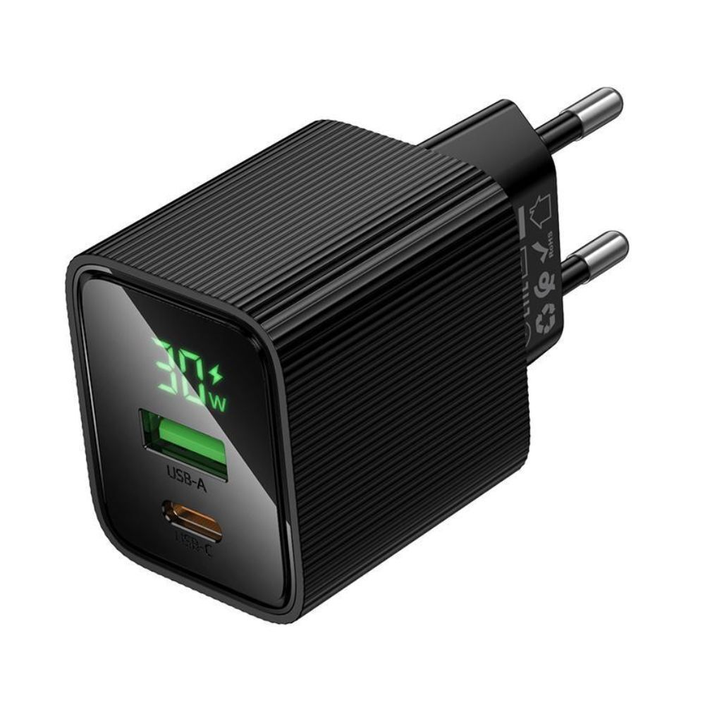 HOCO CS84A 30W GaN Fast Charger with LED Display | USB-C PD 30W + USB-A QC 3.0 Dual Port Wall Charger - Black