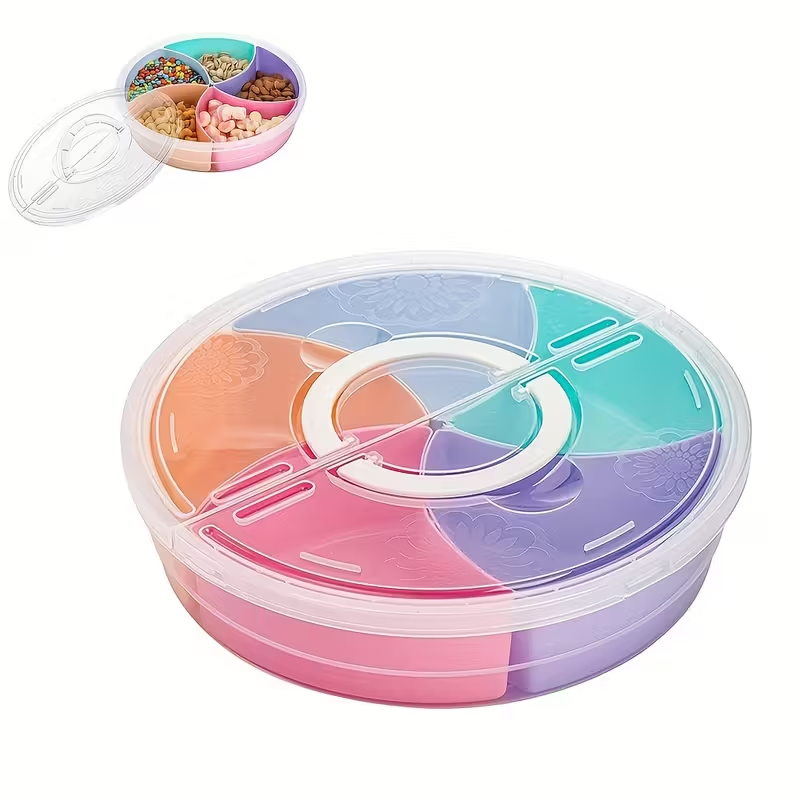 Round 5 Compartment Snack Storage Container with Lid | Multi-Colour Sectional Food Organizer Box