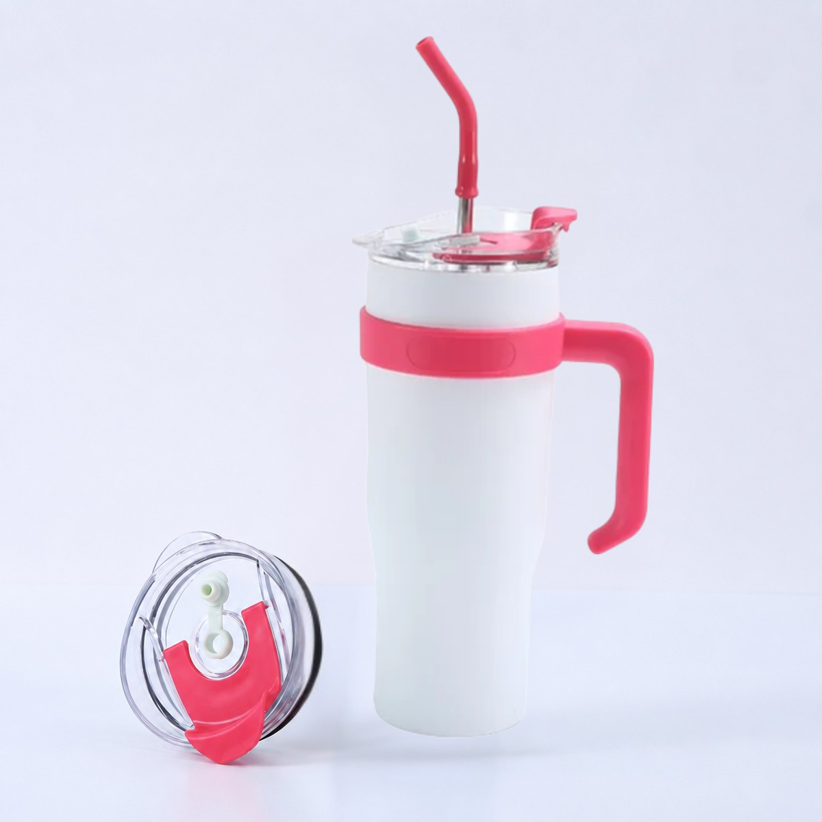 1L Vacuum Insulated Stainless Steel Travel Mug with Handle & Straw | Double Wall Tumbler - White