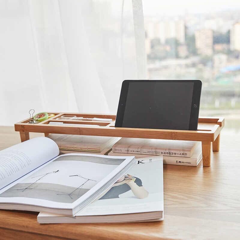 Bamboo Desk Organizer & Monitor Stand Riser with Keyboard Storage | Wooden Desktop Organizer