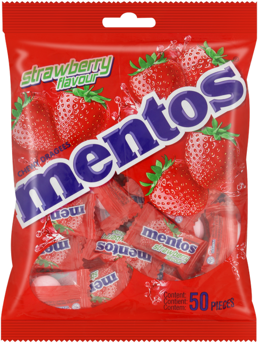 Mentos Strawberry Flavour Chewy Dragees Candy Mono Bag – 50 Pieces | Individually Wrapped Strawberry Chewy Candy
