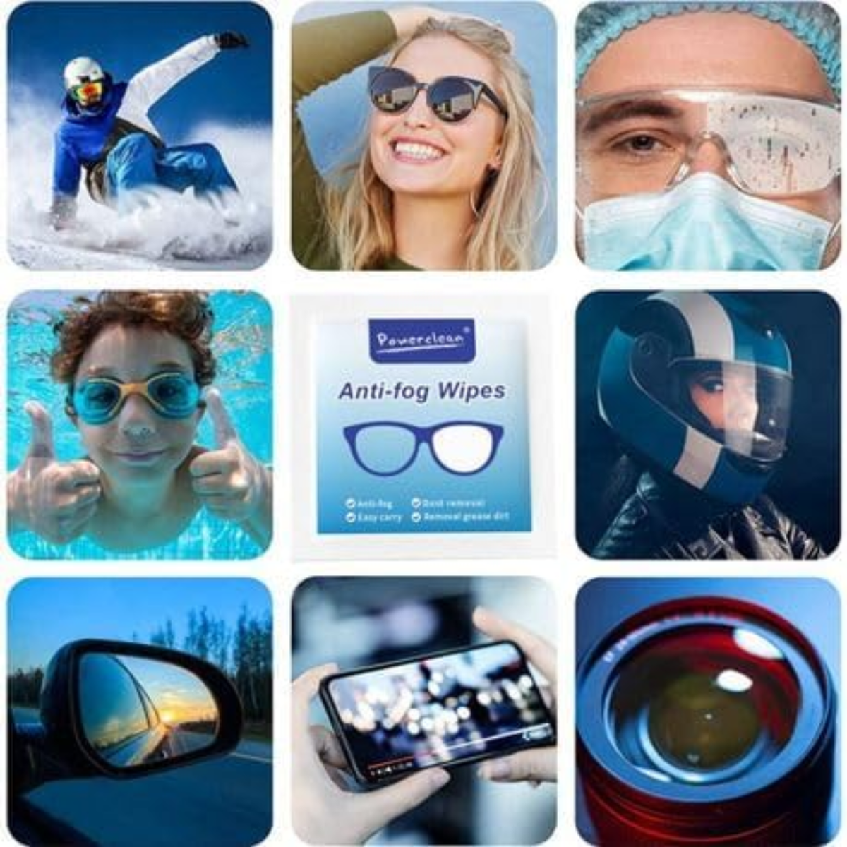 Powerclean Anti-Fog Lens Cleaning Wipes (100 Wipes x 3 Pack) | Fog-Free Cleaning Wipes for Glasses, Sunglasses, Camera Lens, Phone, Laptop & Screens