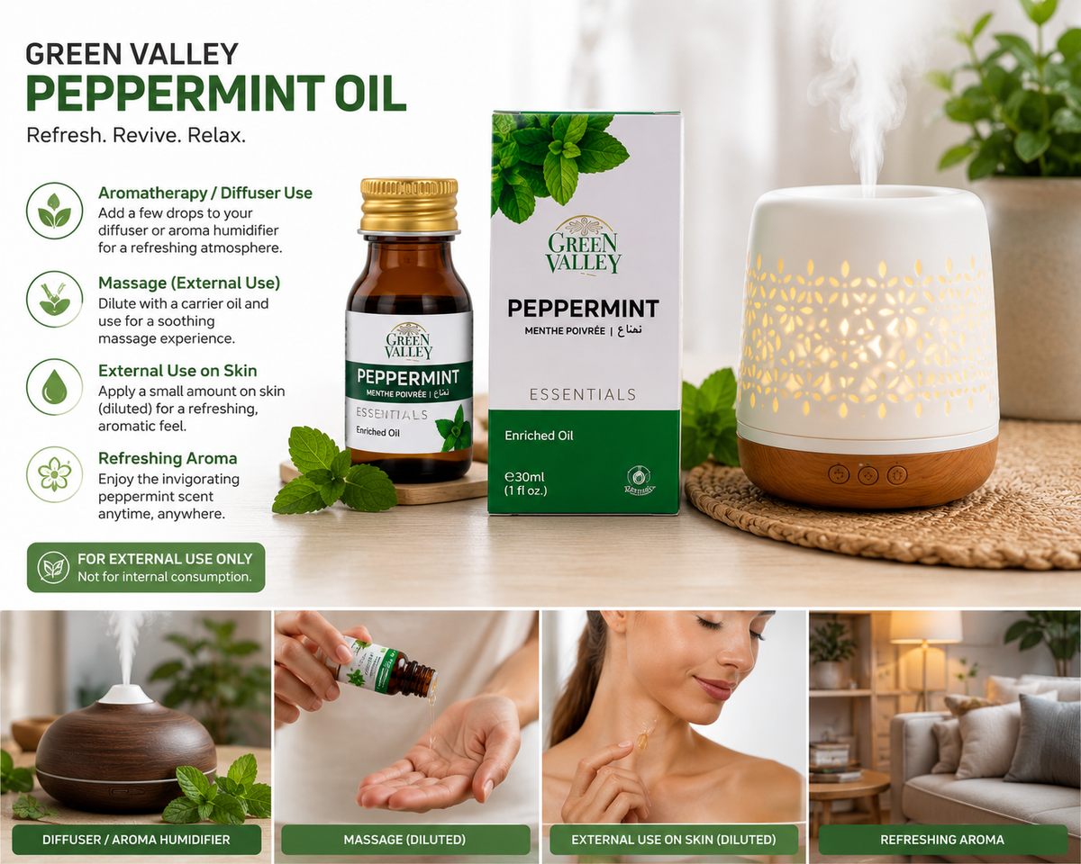 Green Valley Peppermint Essential Oil 30ml - Enriched Natural Oil for Aromatherapy, Hair, Skin & Massage