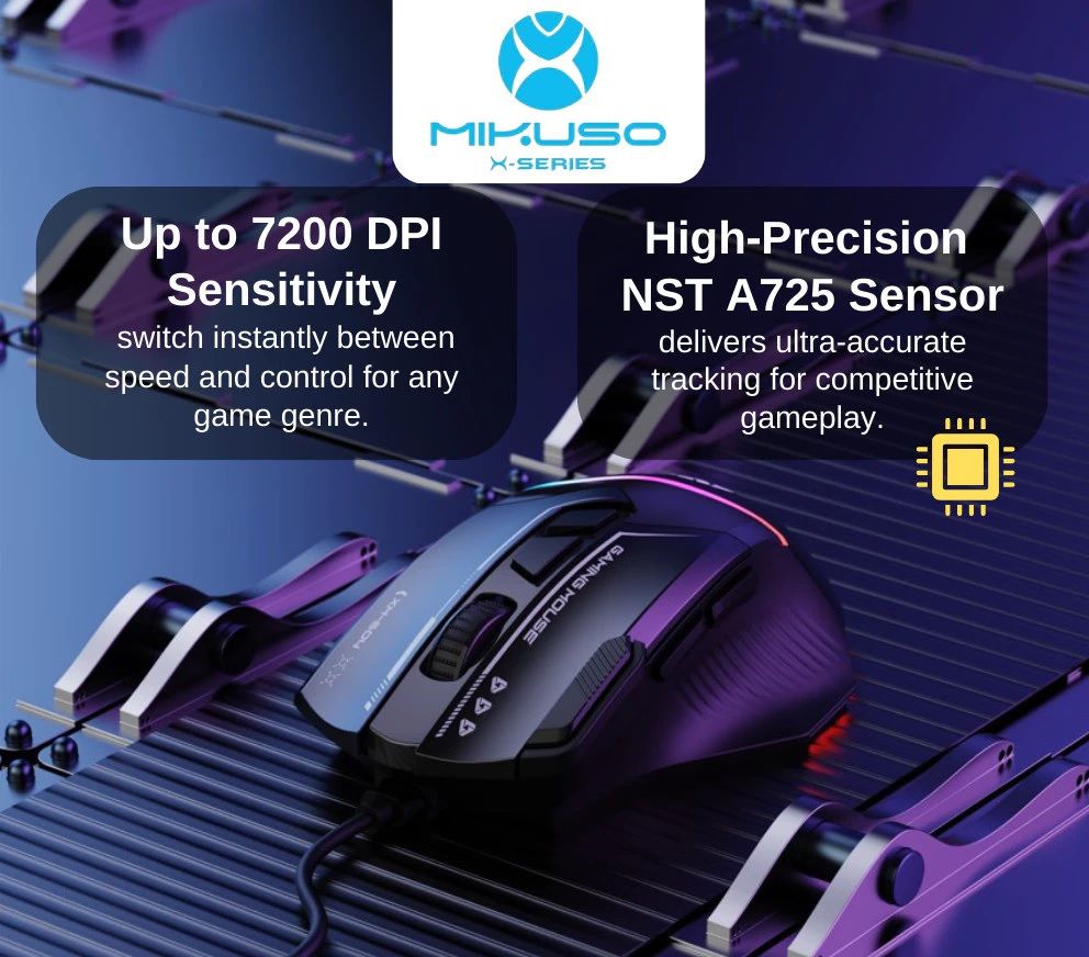 Mikuso XM-604 RGB Gaming Mouse – 7200 DPI Wired USB Optical Mouse with 8 Buttons for PC & Laptop