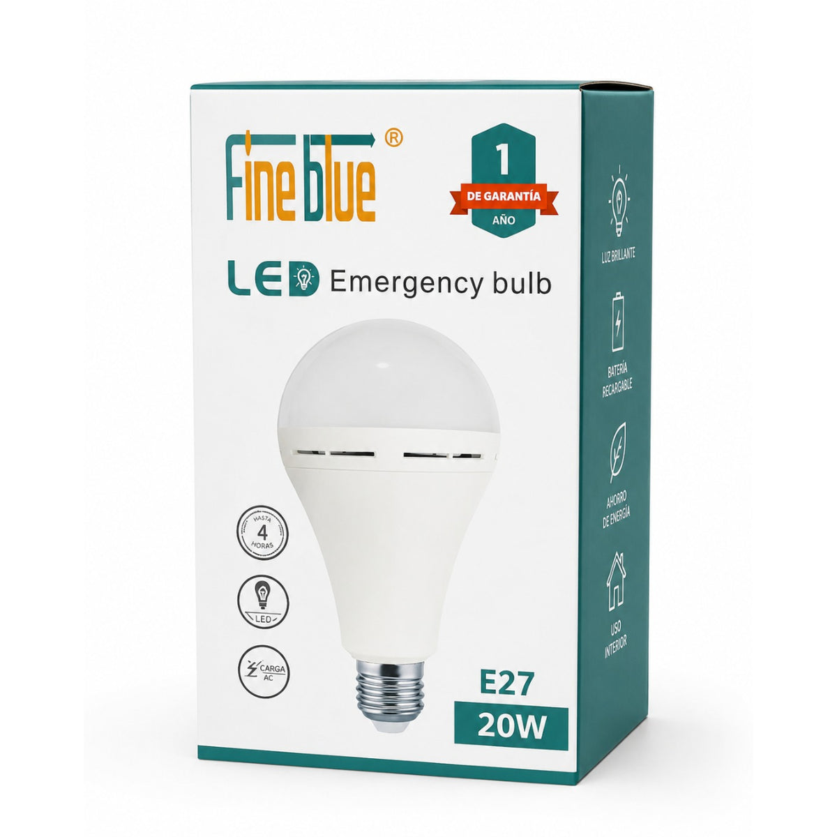 FineBlue 20W Rechargeable LED Emergency Bulb E27 Load Shedding Light – Cool White 6500K | 5 Pack