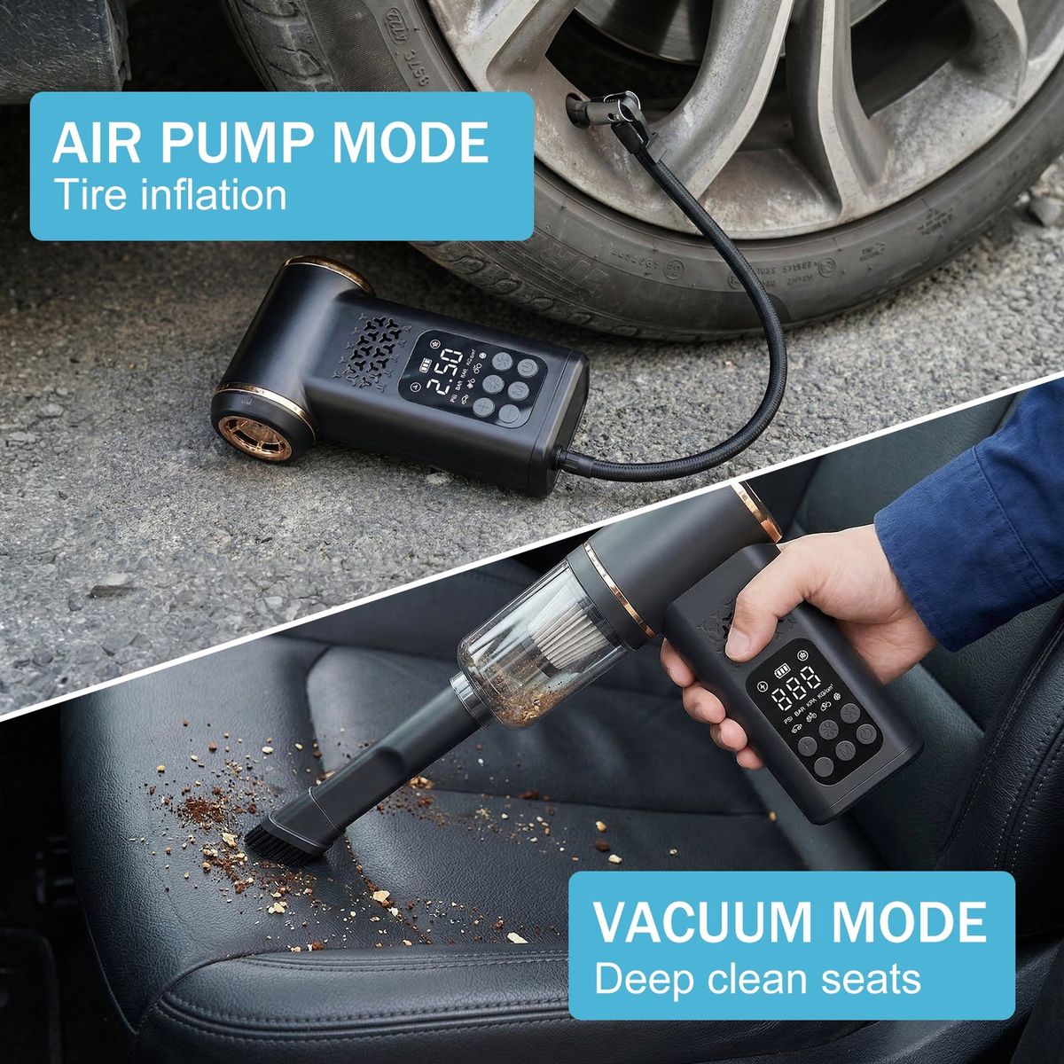 4-in-1 Cordless Car Vacuum Cleaner & Tyre Inflator – Portable Air Pump, Air Duster Blower with LCD Display