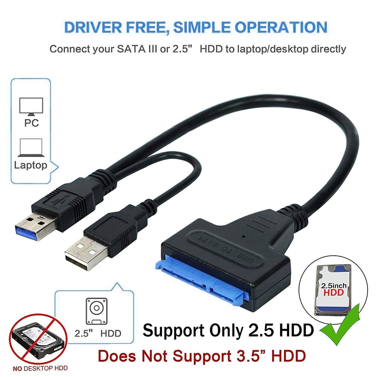 SATA to USB 3.0/2.0 Adapter Cable for 2.5 Inch SSD & HDD | SATA III Hard Drive Converter with USB Power Cable