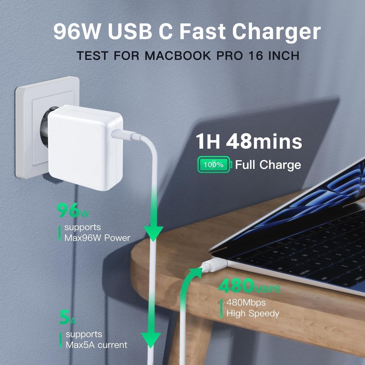 96W USB-C Charger for MacBook Pro & MacBook Air | Fast USB-C Power Adapter with USB-C Charging Cable