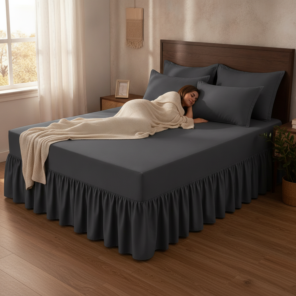 Queen Size Frilled Fitted Sheet Set with 4 Pillow Covers – Soft Ruffled Bed Sheet Set