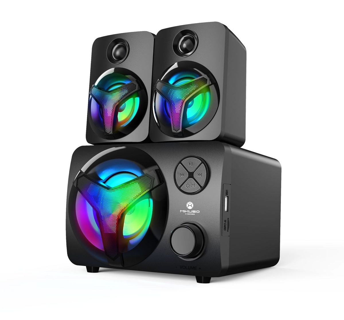 Mikuso SPK-F10 2.1 Channel Bluetooth Speaker System | 16W RGB Subwoofer Desktop PC Speakers with FM Radio, USB, AUX & TF Card
