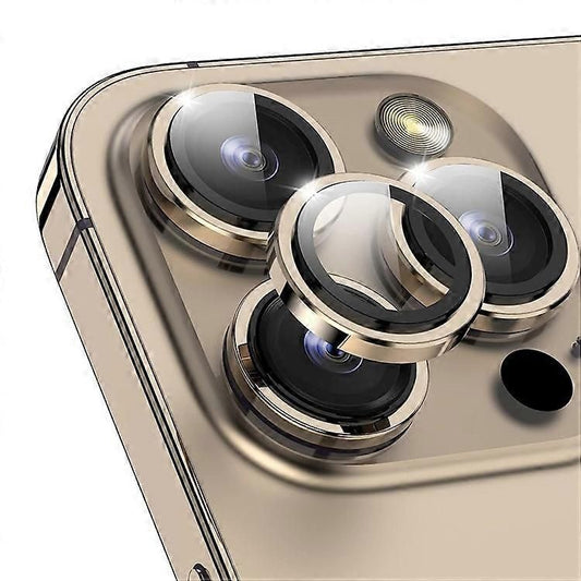 iPhone 15 Pro Max Camera Lens Protector | Gold Titanium Tempered Glass Camera Protector with Metal Ring (3 Lens Set)
