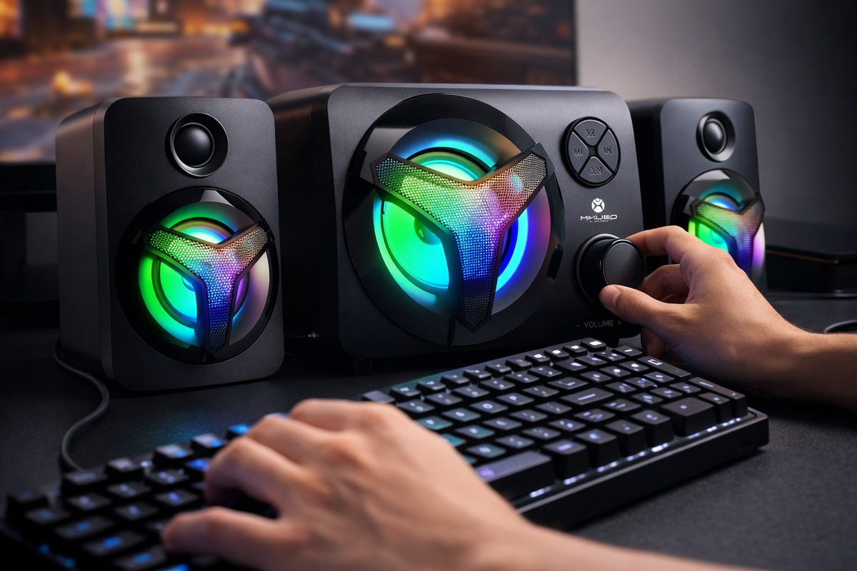 Mikuso SPK-F10 2.1 Channel Bluetooth Speaker System | 16W RGB Subwoofer Desktop PC Speakers with FM Radio, USB, AUX & TF Card