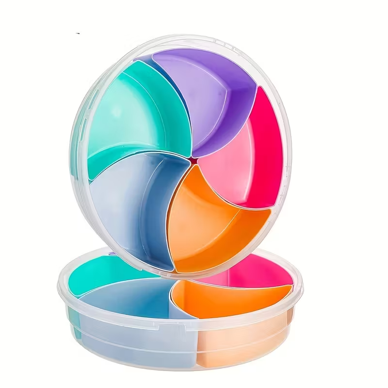 Round 5 Compartment Snack Storage Container with Lid | Multi-Colour Sectional Food Organizer Box