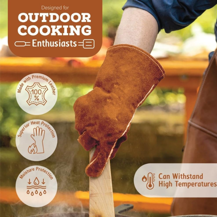Genuine Leather BBQ & Oven Gloves Heat Resistant | Braai, Grill, Fireplace & Baking Mitts - 1 Pair