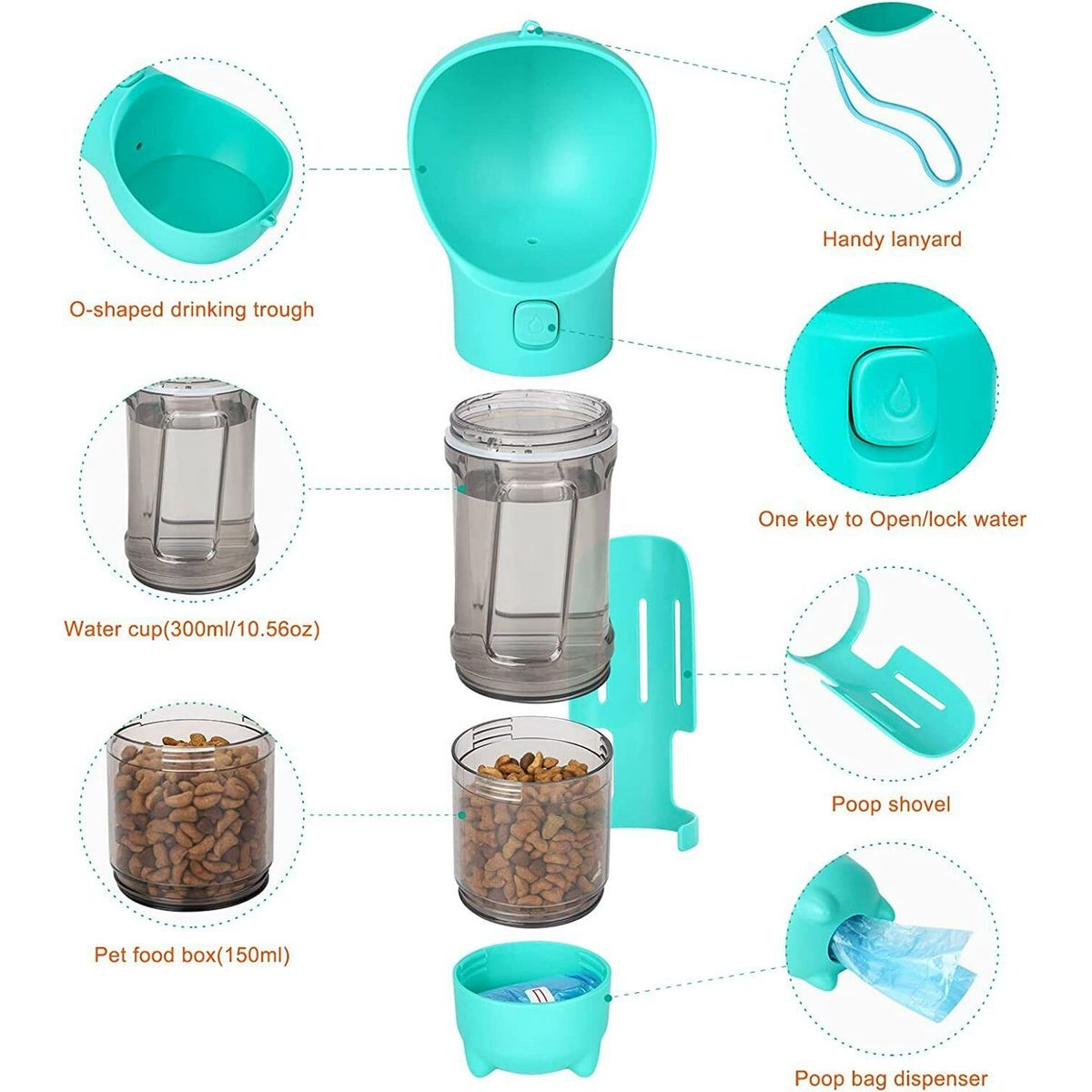 4-in-1 Portable Dog Water Bottle with Food Storage & Poop Bag Holder – Green Travel Pet Feeder