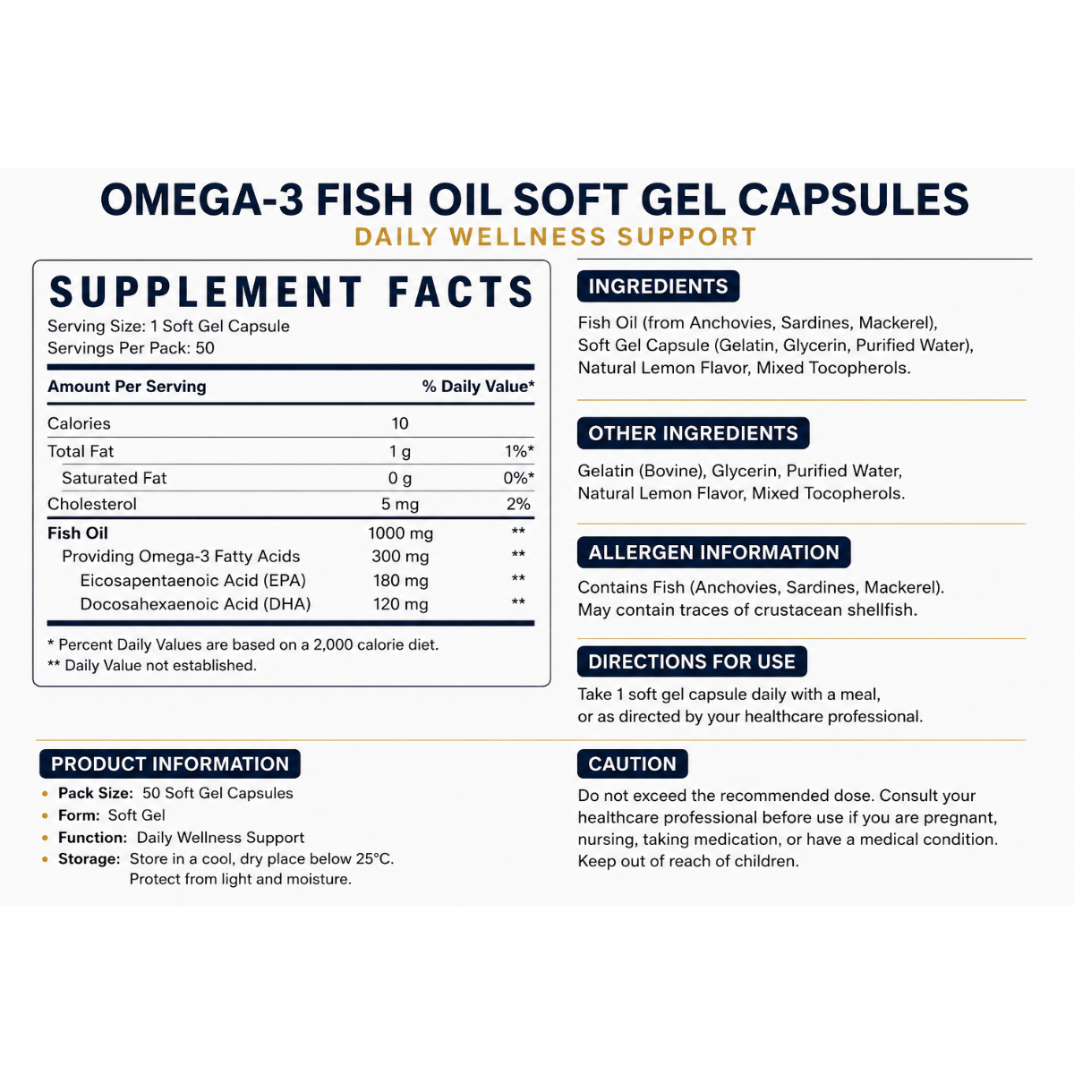 Hemani Omega-3 Fish Oil Soft Gel Capsules 50 Count | Daily Omega-3 Supplement for Heart, Brain & Joint Wellness