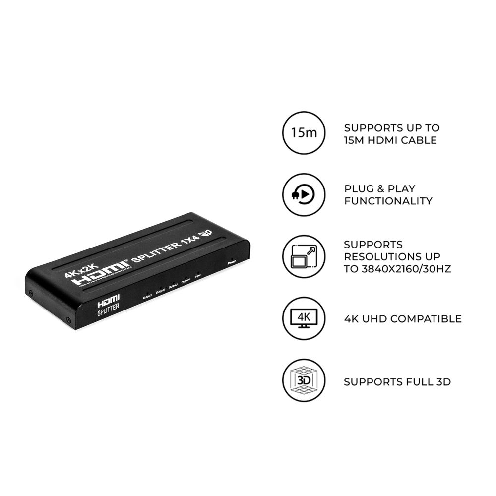 HDMI Splitter 1x4 4K UHD | 1 HDMI Input to 4 HDMI Outputs | 1080P Full HD 3D Video Distribution Amplifier