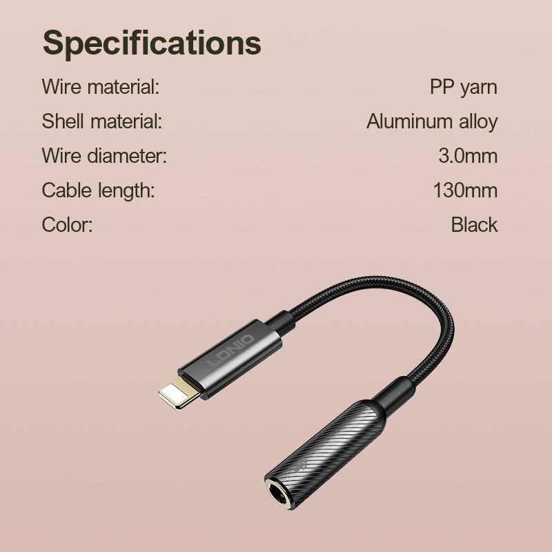 LDNIO LS-T90i Lightning to 3.5mm Audio Adapter Cable 130mm | Hi-Fi Headphone Jack Converter for iPhone & iPad