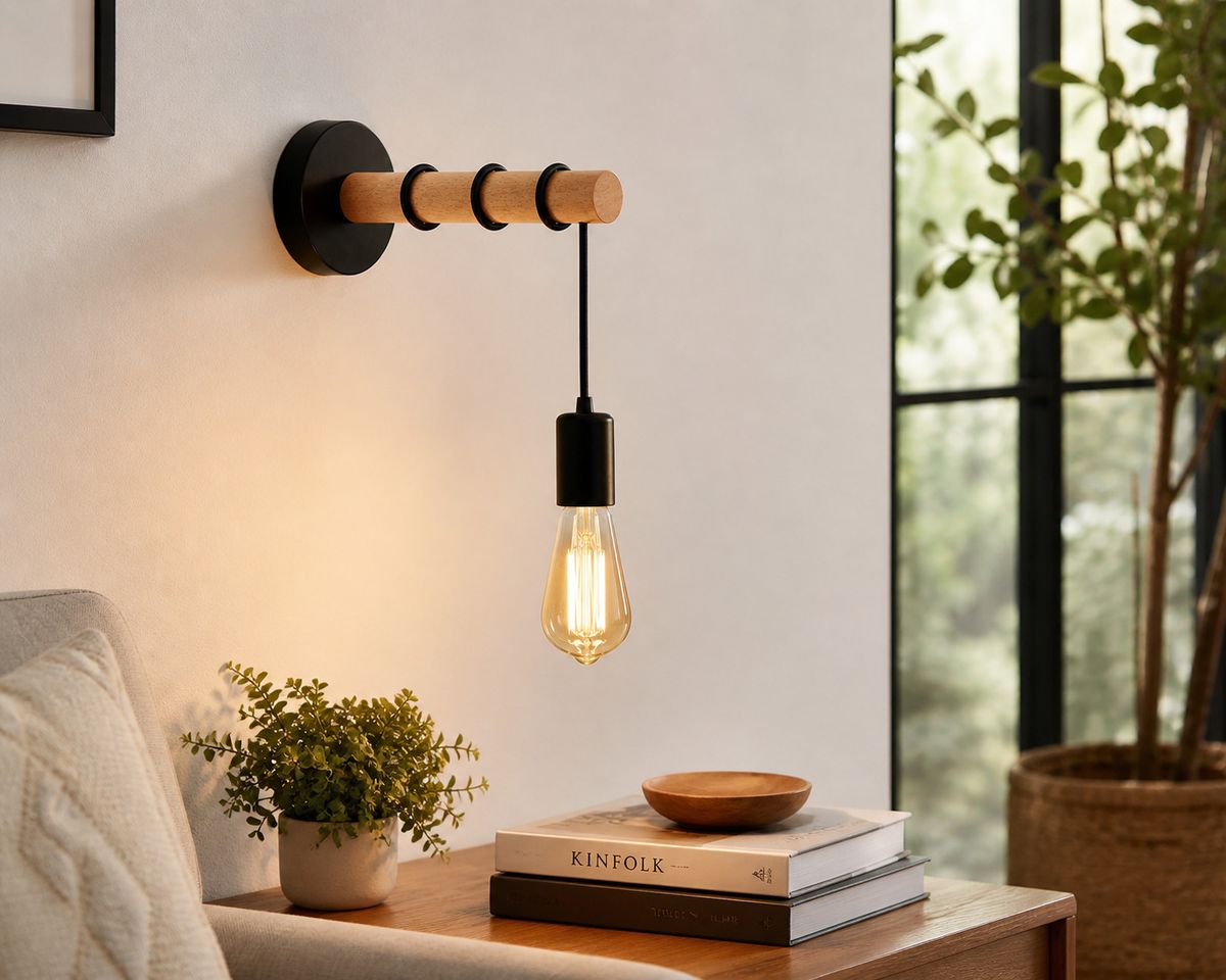 Modern Wooden Wall Light with E27 Lamp Holder | Nordic Black Metal Wall Sconce for Bedroom, Living Room & Hallway