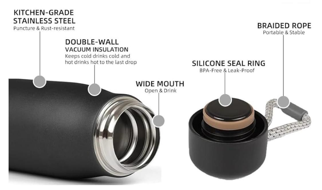 550ml Stainless Steel Vacuum Insulated Water Bottle with Strap | Double Wall Leakproof Flask | BPA Free Travel Bottle - Black