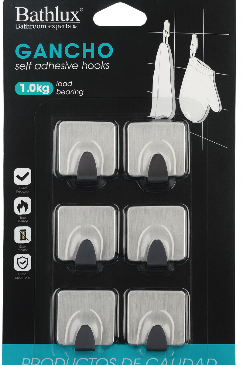 Bathlux Self-Adhesive Stainless Steel Wall Hooks (6-Pack) | Heavy Duty Waterproof Metal Adhesive Hooks for Bathroom & Kitchen - Model 30627