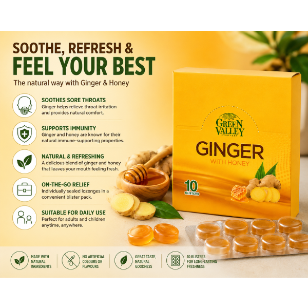 Green Valley Ginger & Honey Lozenges | Herbal Ginger Honey Lozenges – 10 Blister Packs