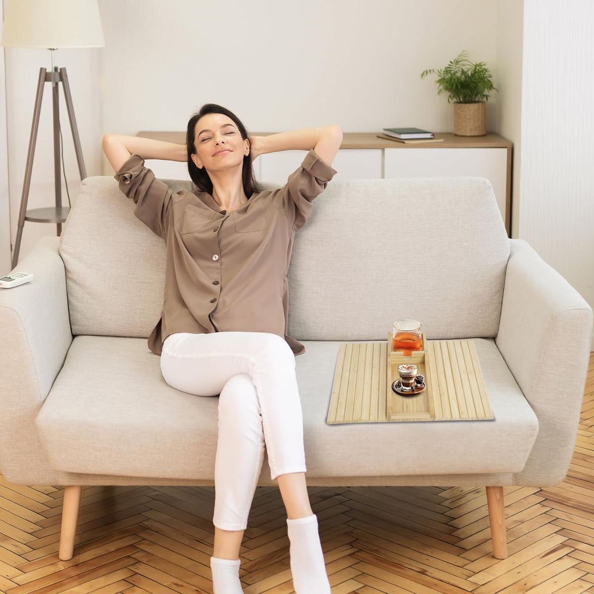 Premium Bamboo Sofa Armrest Tray Table with Cup Holder & Phone Slot | Foldable Couch Arm Tray Organizer