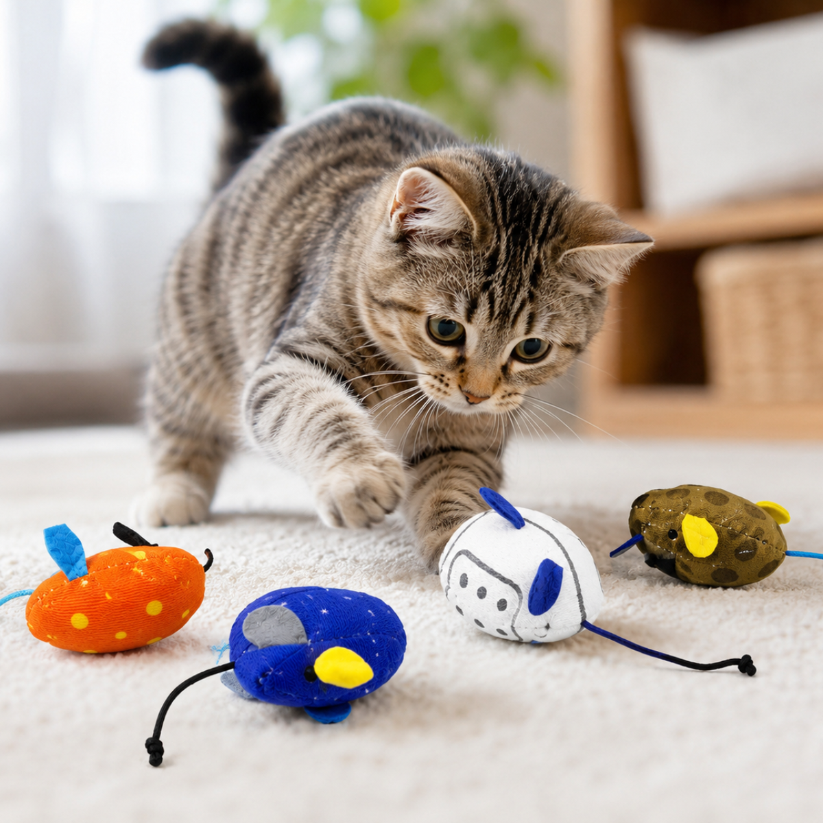 Interactive Cat Mouse Toys 4 Pack – Plush Mice with Tails for Indoor Cats, Satisfying & Interactive Play