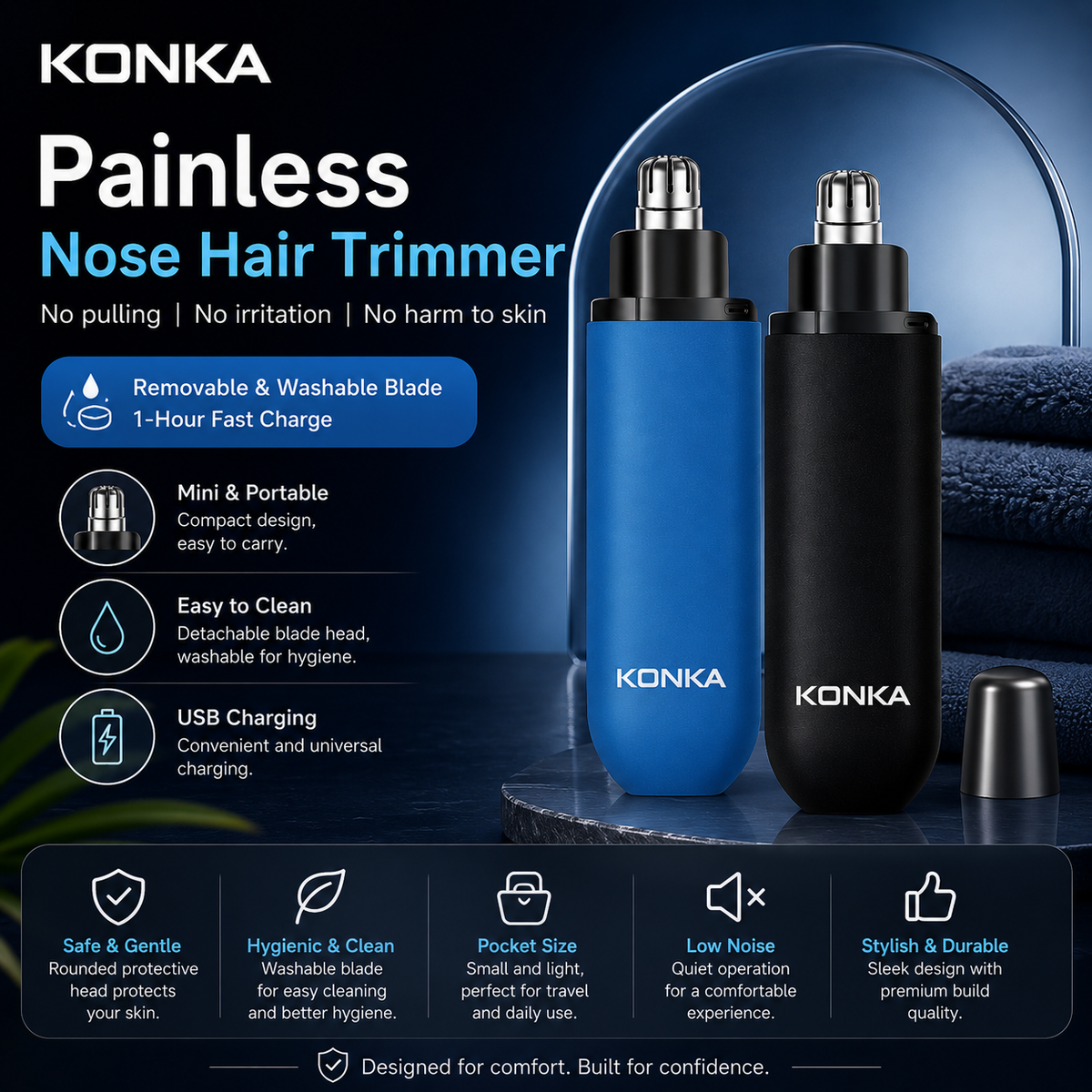 KONKA Rechargeable Nose & Ear Hair Trimmer - Portable Precision Grooming Tool for Men & Women