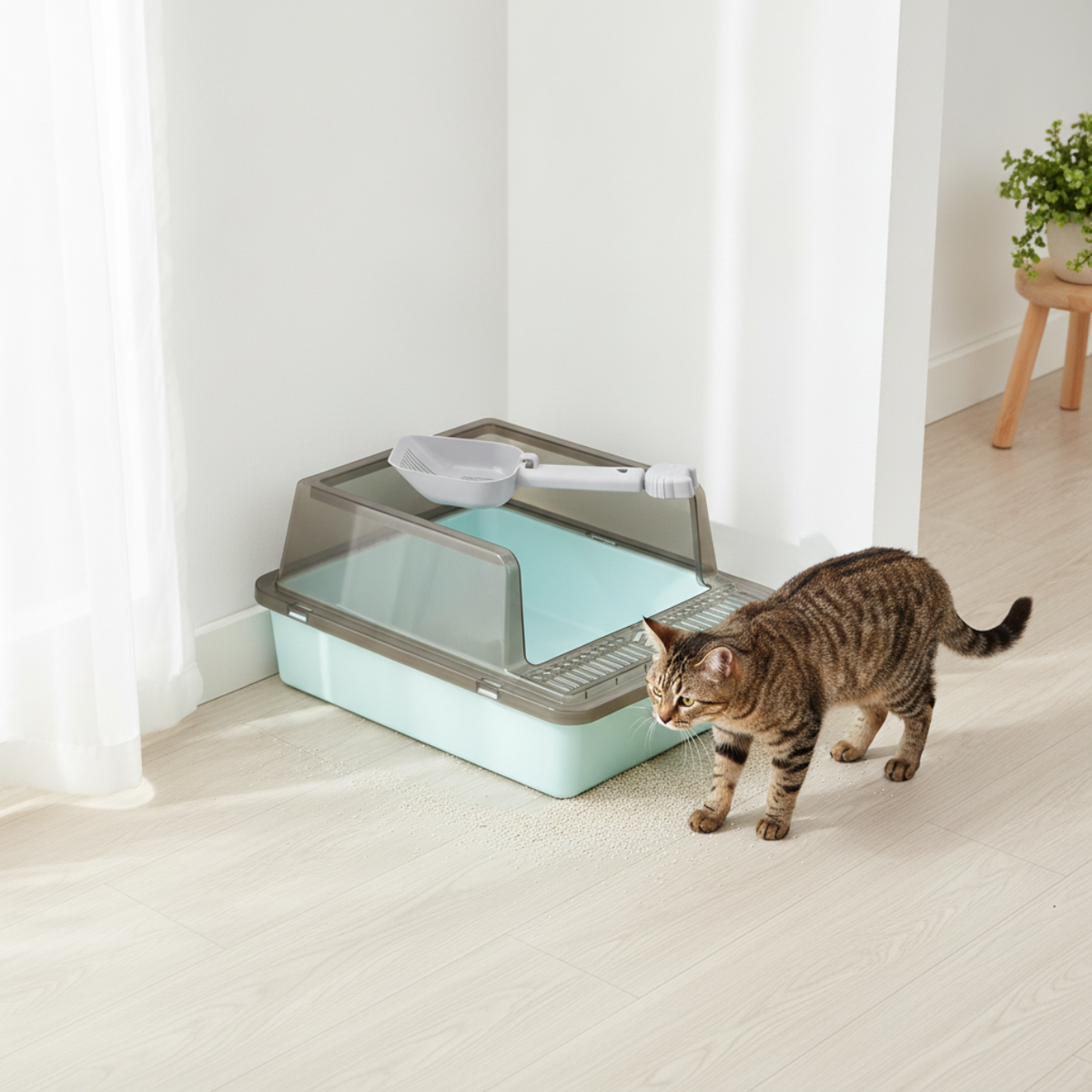 Enclosed Cat Litter Box with Scoop – Covered Kitty Toilet & Cat Litter Tray, Blue