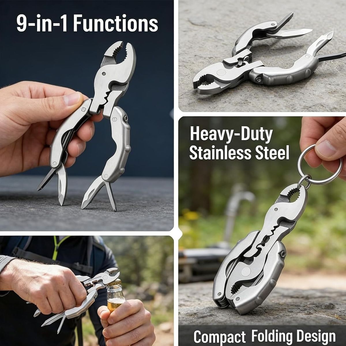 9-in-1 Stainless Steel Mini Multitool Keychain Pliers – Folding Pocket Tool
