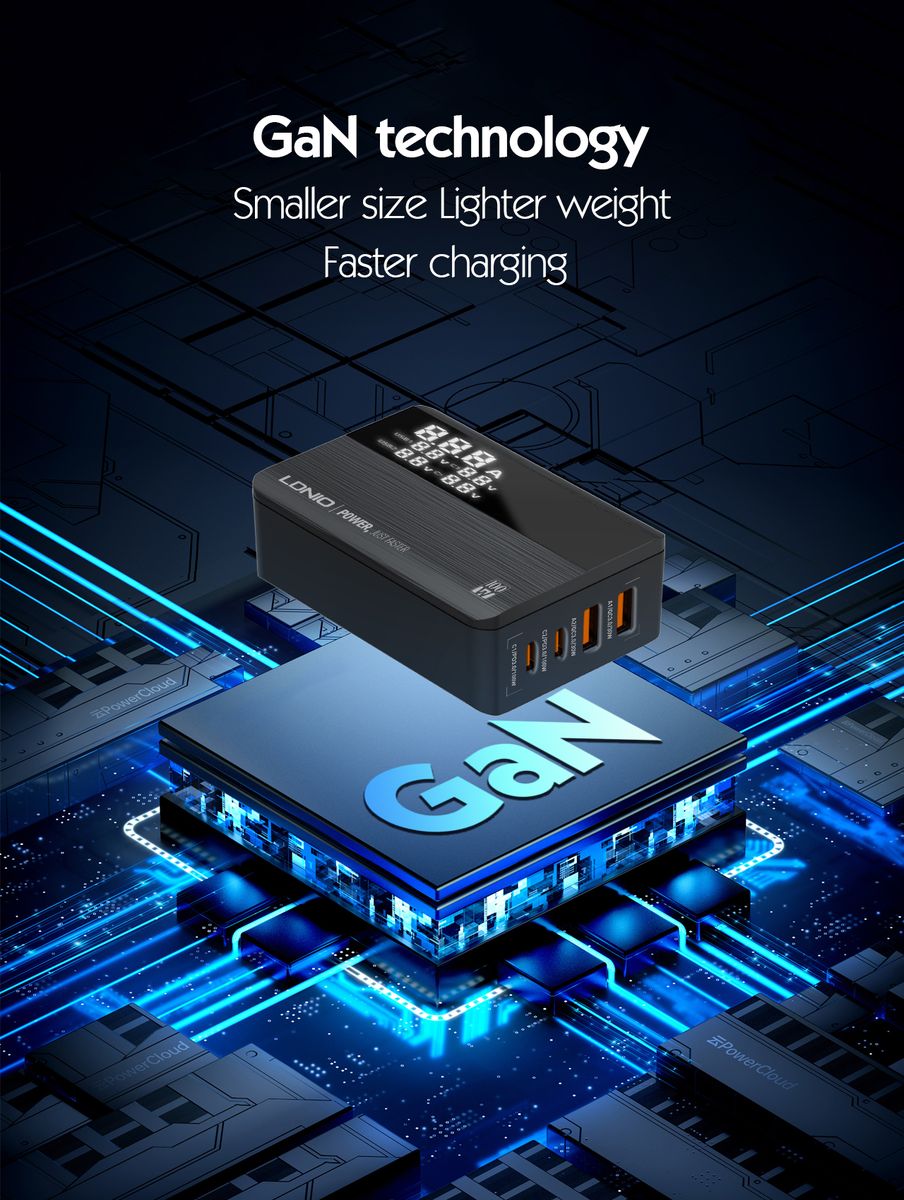 LDNIO A4808Q 100W Desktop GaN Fast Charger | 2 USB-C PD + 2 USB-A QC 3.0 Multi-Port Charging Station with LCD Display & 1.5M Power Cable