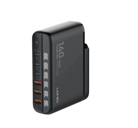 LDNIO A6140C 140W GaN Desktop Charging Station | 6-Port Fast Charger with 3 USB-C, 3 USB-A & LED Display - Black