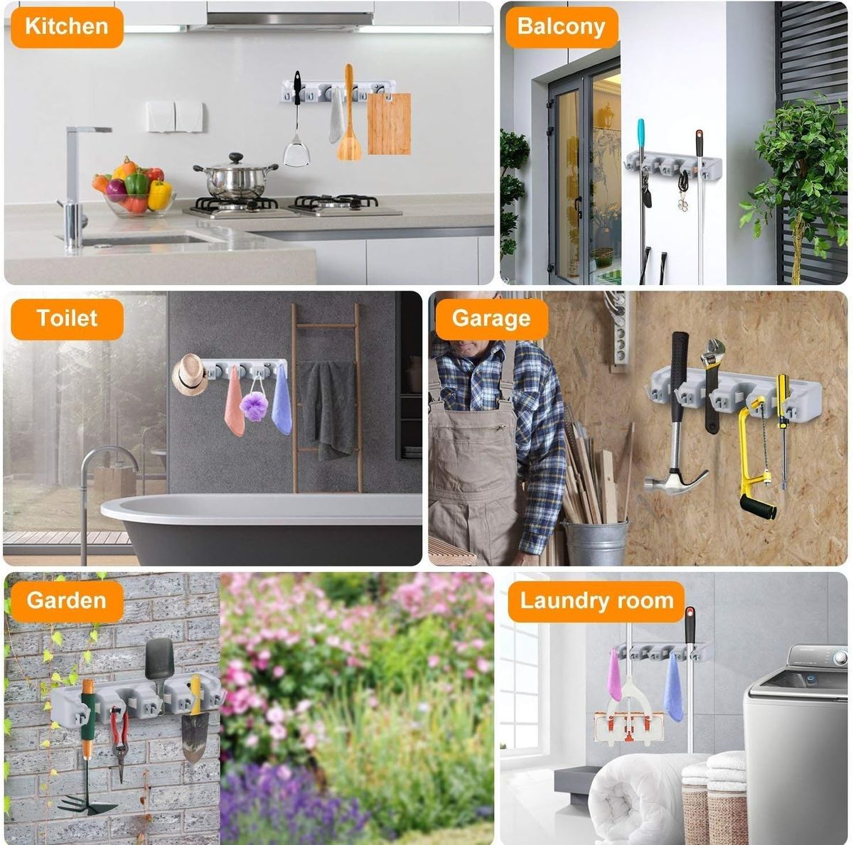 Heavy Duty Wall Mounted Mop & Broom Holder Rack Organizer | 6 Position Cleaning Tool Storage Rack