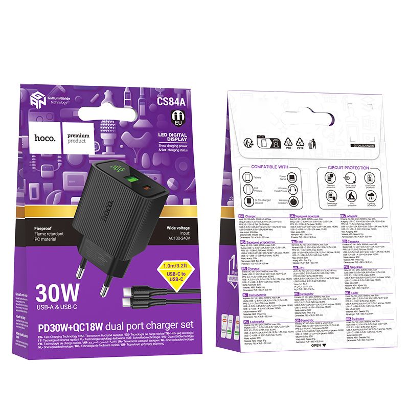 HOCO CS84A 30W Dual Port Fast Wall Charger with USB-C PD & USB-A QC 3.0 | LED Display | EU Plug