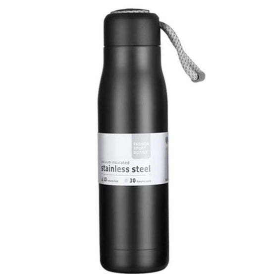 550ml Stainless Steel Vacuum Insulated Water Bottle with Strap | Double Wall Leakproof Flask | BPA Free Travel Bottle - Black