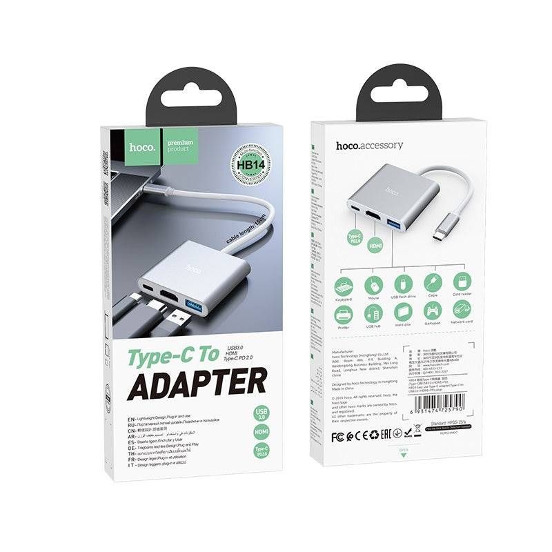 HOCO HB14 3-in-1 USB-C Hub Adapter | USB 3.0, 4K HDMI & USB-C PD Fast Charging Converter for MacBook, Laptop & Smartphones
