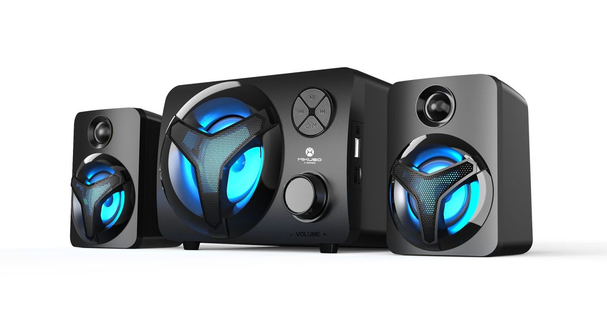 Mikuso SPK-F10 2.1 Channel Bluetooth Speaker System | 16W RGB Subwoofer Desktop PC Speakers with FM Radio, USB, AUX & TF Card
