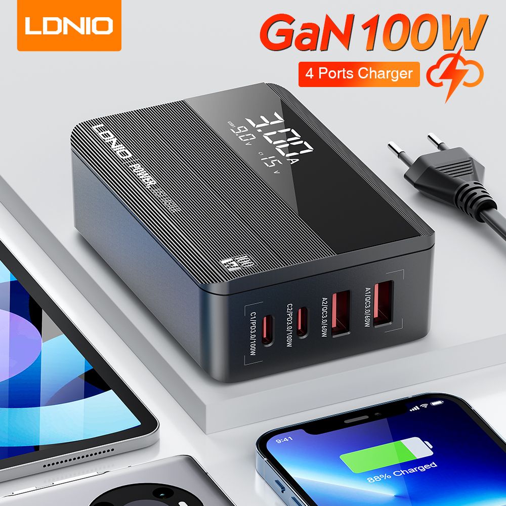 LDNIO A4809C 100W GaN Fast Charger | 4-Port USB-C & USB-A PD QC Desktop Wall Charger with LCD Display