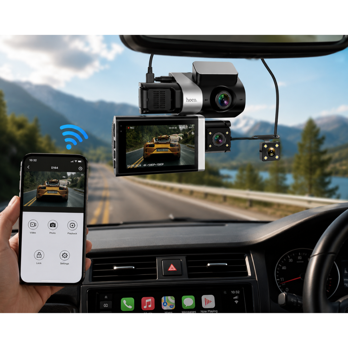 HOCO DI64 Triumph 3-Channel WiFi Car Dash Cam – Front, Interior & Rear Camera with 3" Display