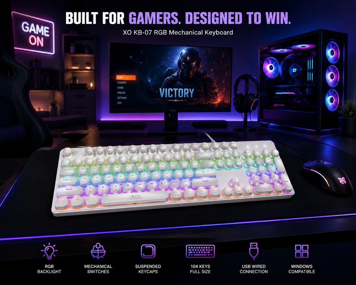 XO KB-07 RGB Mechanical Gaming Keyboard | 104-Key Full Size USB Wired Keyboard | Rainbow Backlit | Black / White