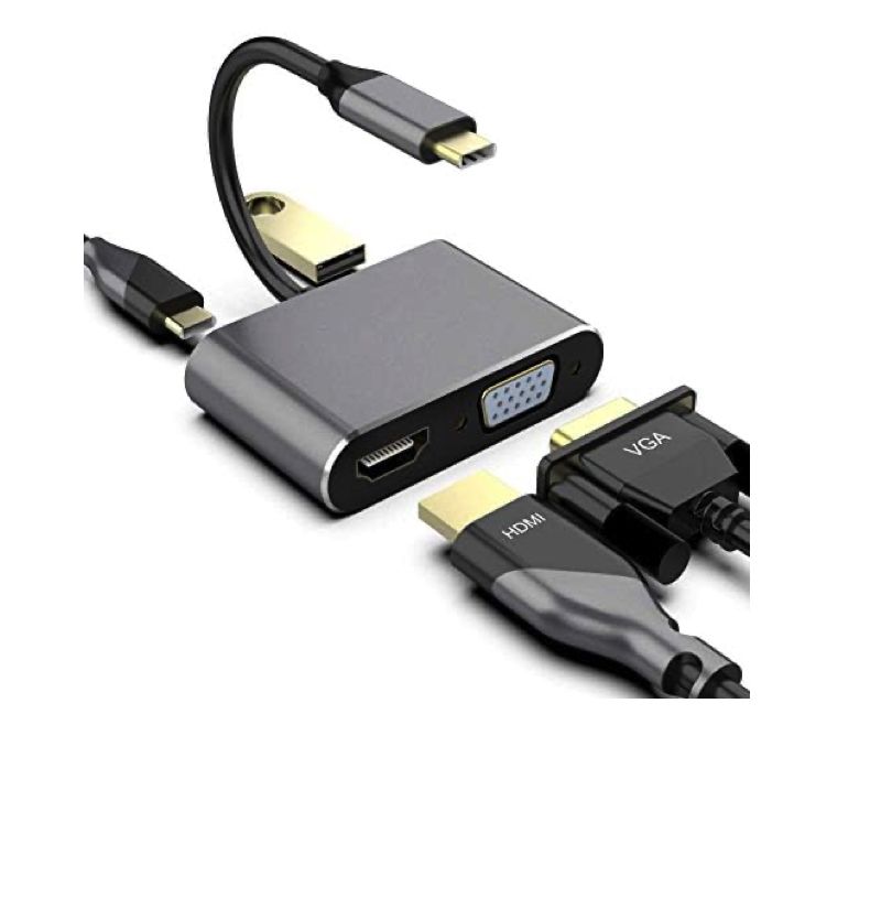 4-in-1 USB-C Hub Adapter | 4K HDMI, VGA, USB 3.0 & USB-C PD Fast Charging Multiport Adapter for MacBook, Laptop & Tablets